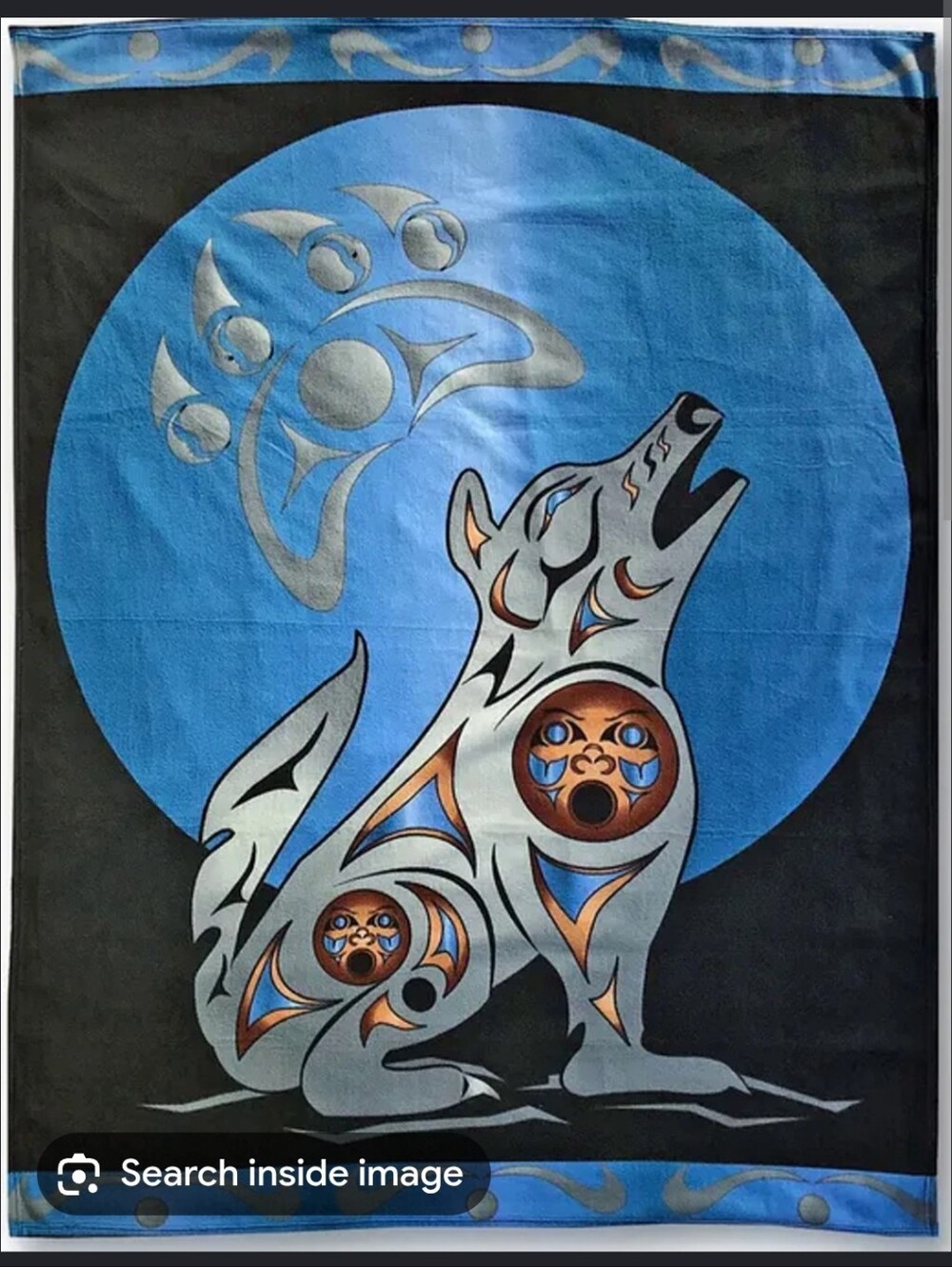 Pacific Wolf Fleece Blanket - Blue, Grey, Black And Tan.